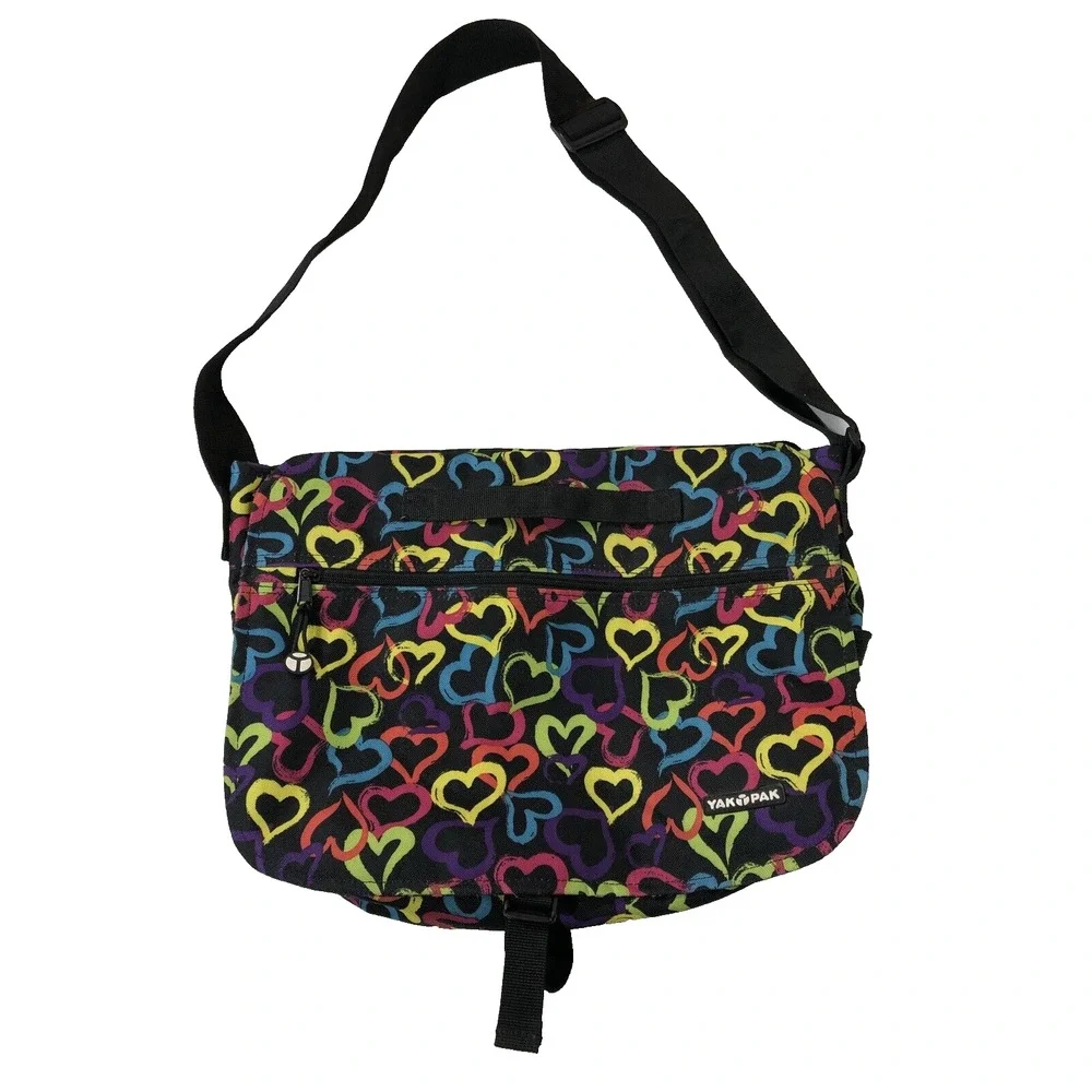 Yak Pak Black Brights Hearts Messenger Bag Bookbag Travel Shoulder Strap Bag